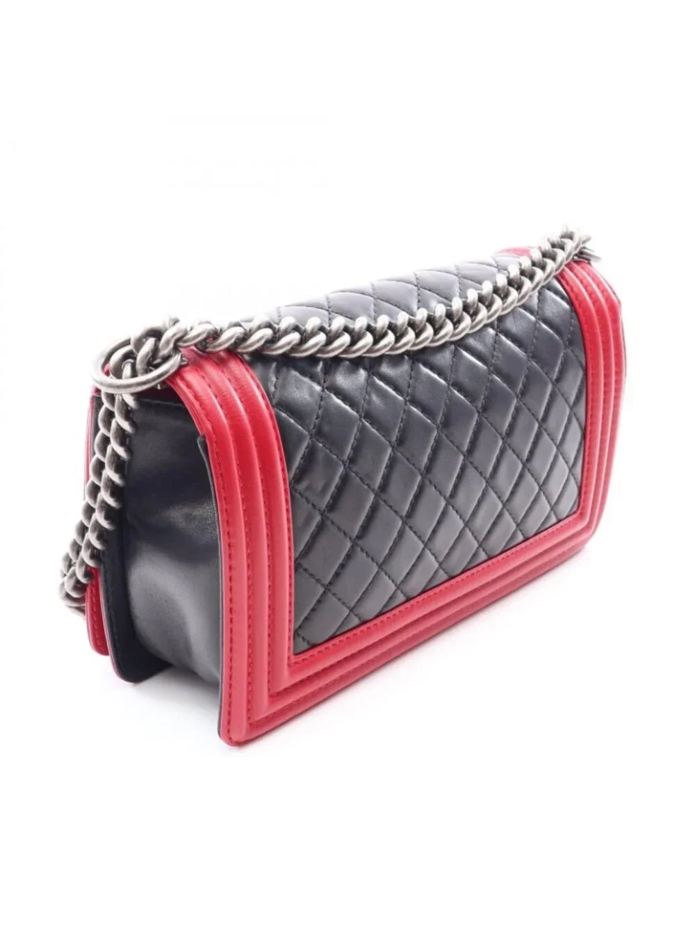 Chanel Shoulder Bag Boy Antique Silver Black Red Lambskin Bicolor Chain